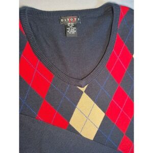 Divots Mens XXL Argyle V-Neck Sweater Silk Wool Blend Navy Red Tan Long Sleeve